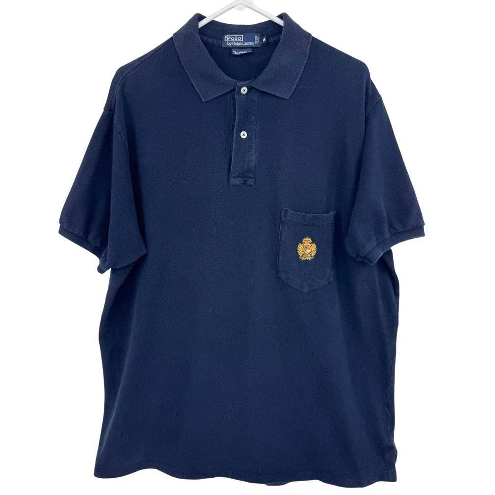 VTG Polo Ralph Lauren The Big‎ Shirt Navy Blue Crest Pocket Polo Mens Medium M